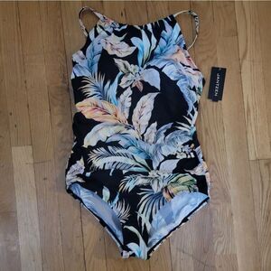 Jantzen Size 16 Women's Black Floral Cabana Queen High Neck 1-Piece Swimsuit